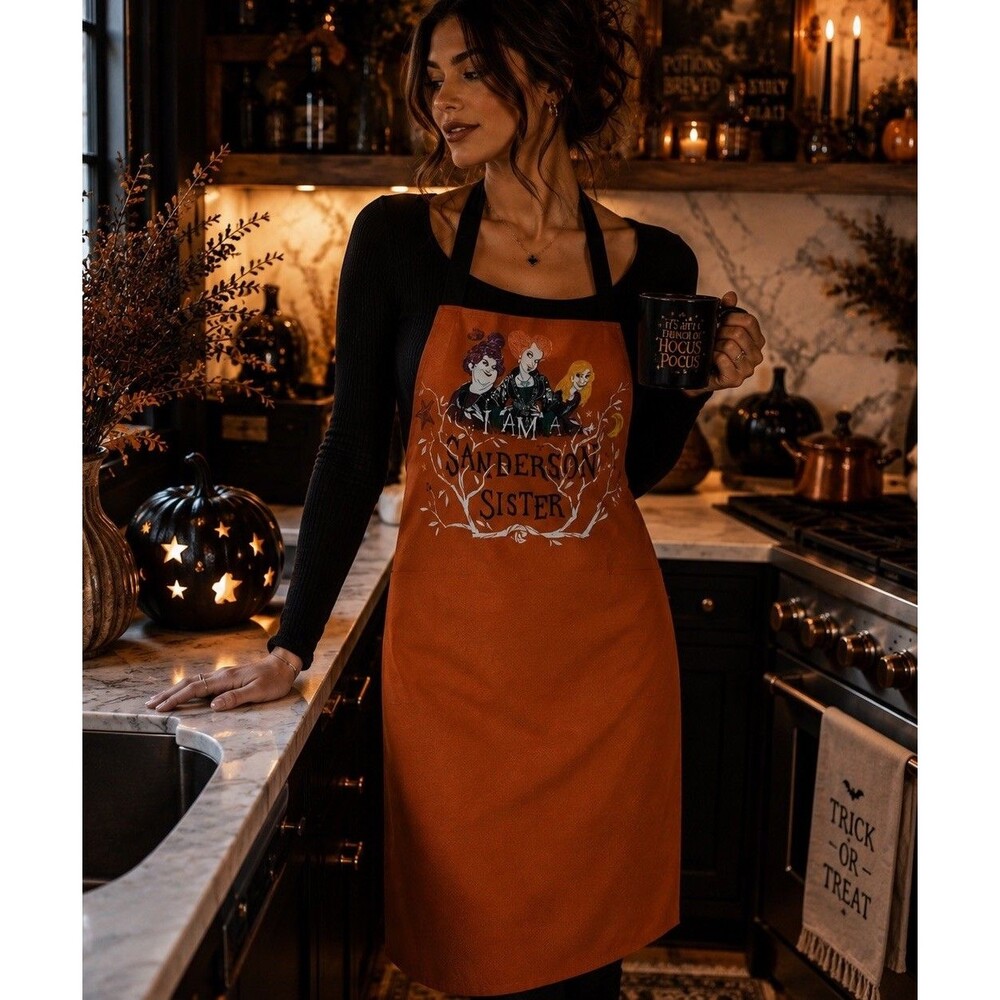 Disney Hocus Pocus Womens Apron Sanderson Sisters Orange Halloween Witchy
